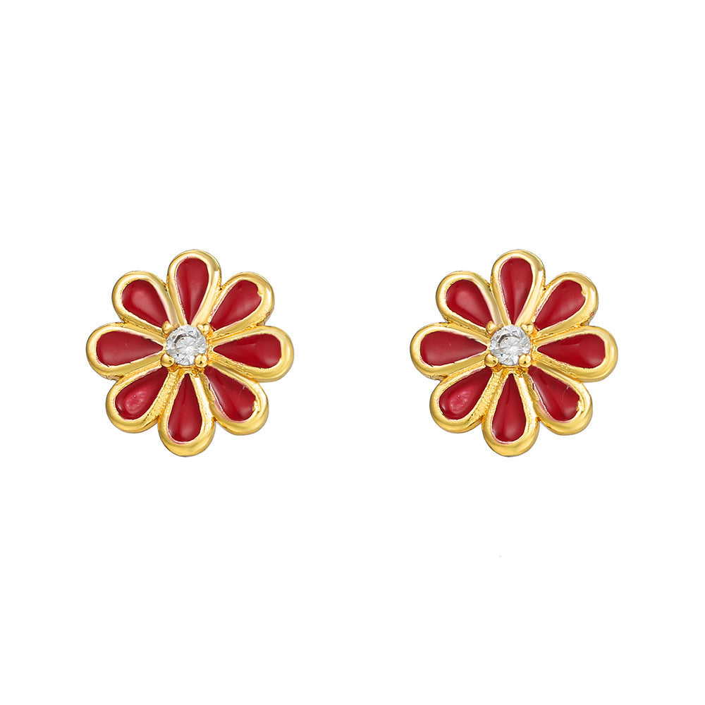 Unique Drip Oil Rainbow Floral Lips Bee Brass Cubic Zirconia Stud Earrings for Women