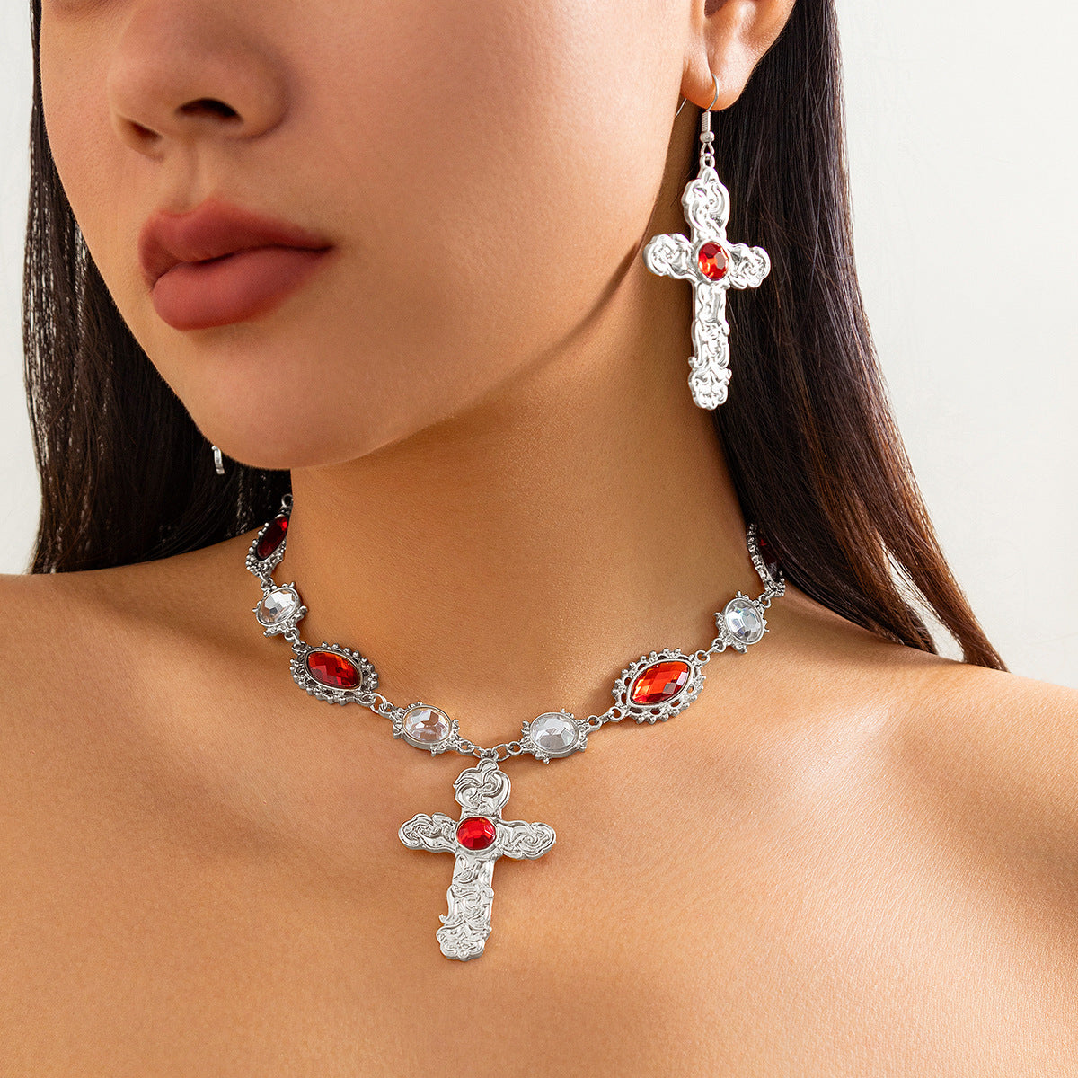 Vintage Cross Zinc Alloy Necklace with Red Gemstone Inlay for Women