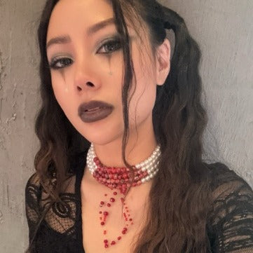 Sweet Gothic Geometric Acrylic and Pearl Beaded Choker Necklace with Tassel for Women
