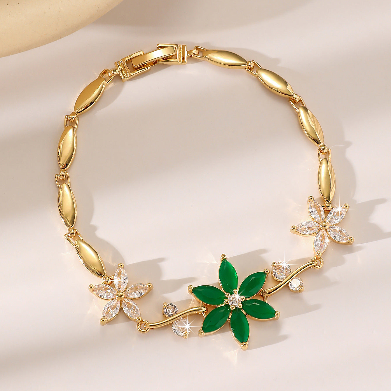 Luxury Gold Plated Brass Leaf Bracelet with Cubic Zirconia Inlay Unisex Floral Design