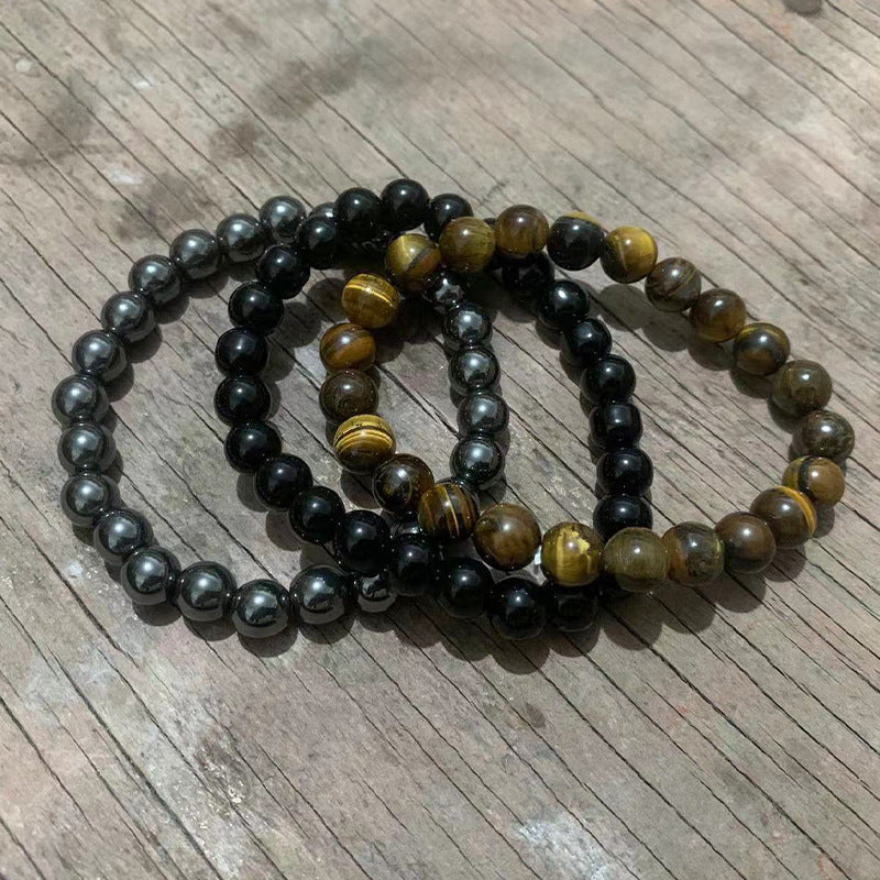 Unisex Geometric Alloy Bracelet Set with Tiger Eye, Green Aventurine and Red Agate Beads
