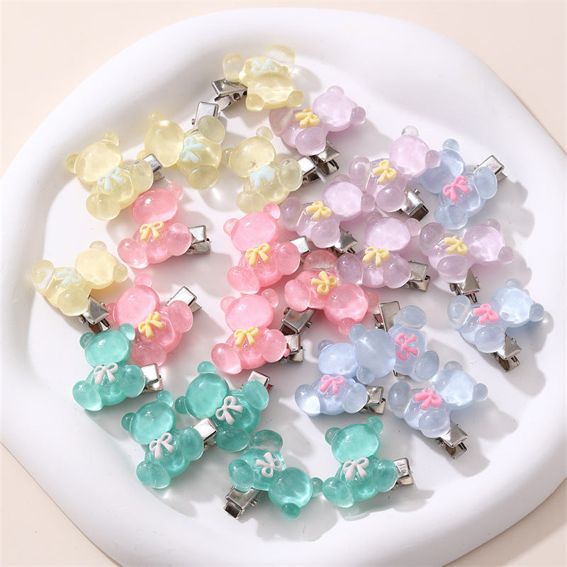 Cute Bear-Shaped Hair Clip for Kids with Bow Design in Jelly Color Floral Pattern Made of Plastic Resin Handcrafted for Children Ages 3 to 10