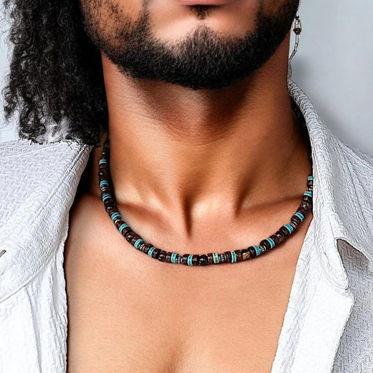 Personalized Geometric Handmade Turquoise and Wood Bead Necklace for Men and Women
