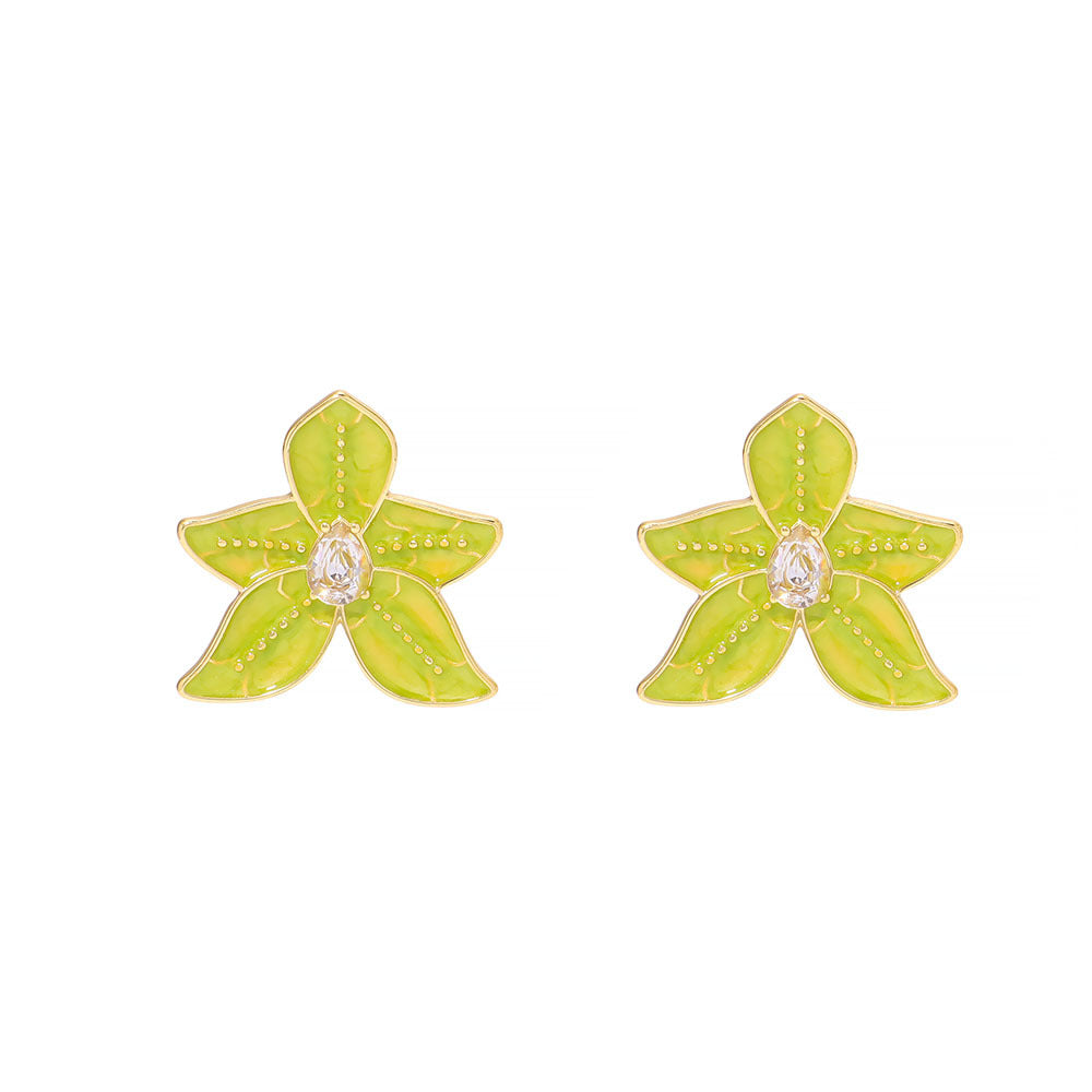 Geometric Style Five-Petal Flower-Shaped Stainless Steel Earrings with Enamel Coloring and Rhinestone Inlay for Women