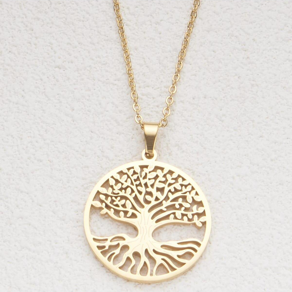Minimalist Hollow Tree of Life Pendant Necklace for Women and Men in Stainless Steel with Titanium Steel Charm and Plated Finish