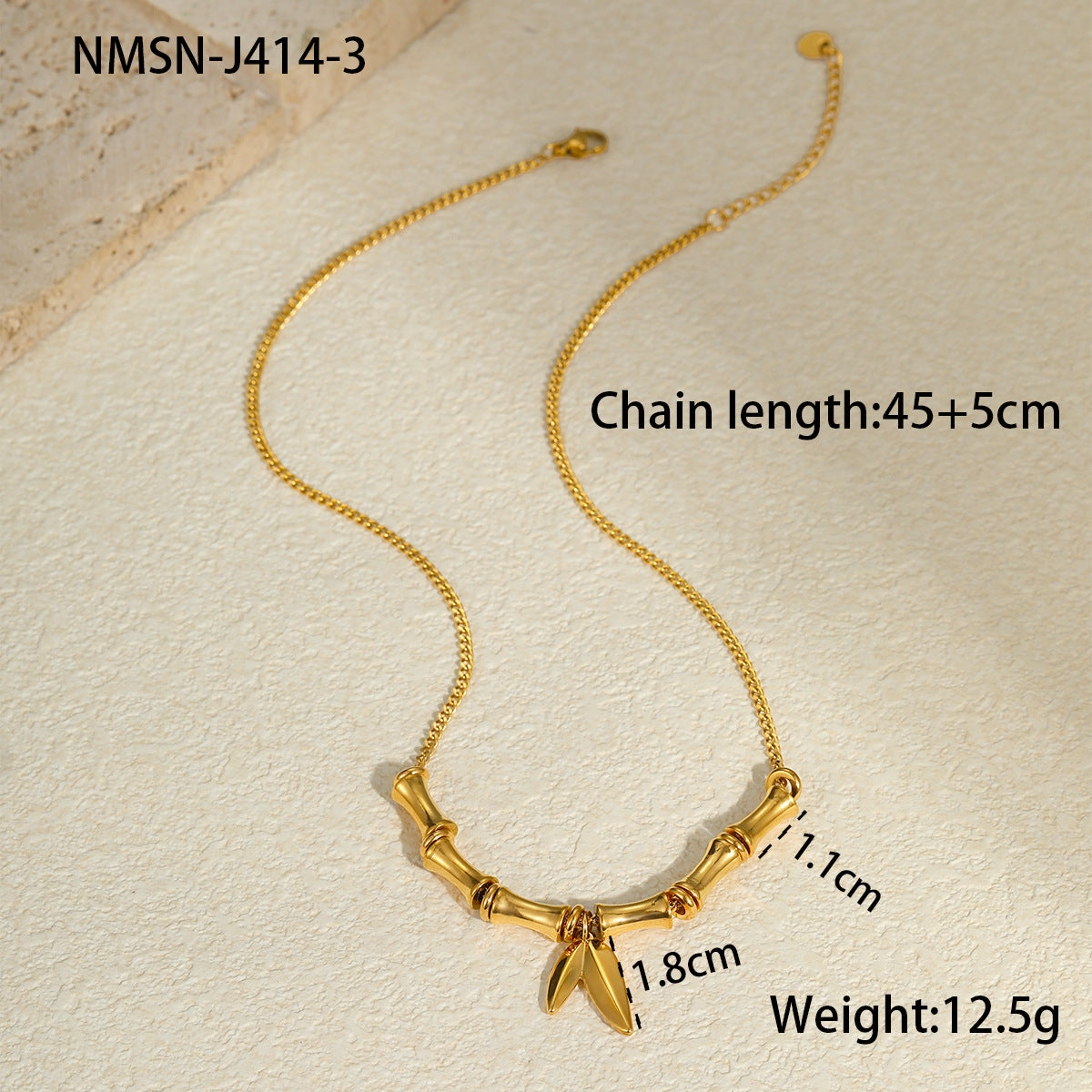Collar con colgante de bambú y hoja de bambú minimalista de moda en acero de titanio con chapado en oro de 18 quilates para mujer