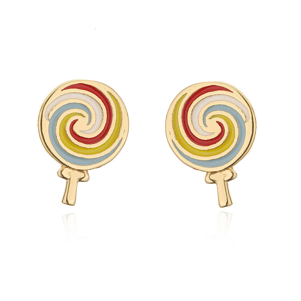 Sweet Cute Geometric Copper Earrings with 18K Gold Plating and Enamel Zircon Star Moon Candy Design for Women