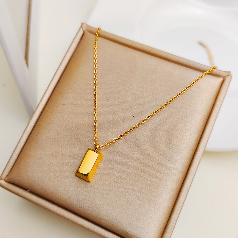 Minimalist 18K Gold Plated Titanium Steel Geometric Square Brick Pendant Necklace with Snake Chain for Women
