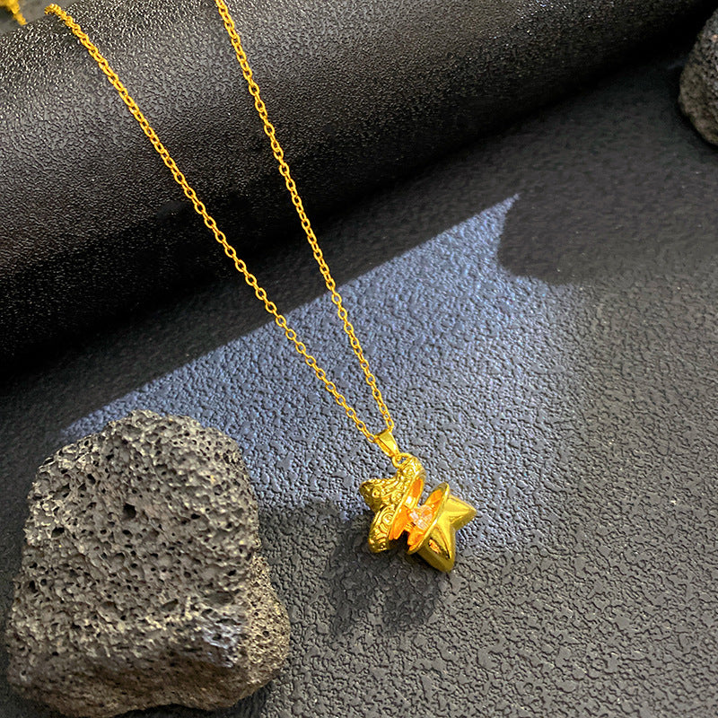 Vintage Micro-Paved Cubic Zirconia Crown Heart Star Geometric Brass Pendant Titanium Steel Box Chain Necklace for Unisex