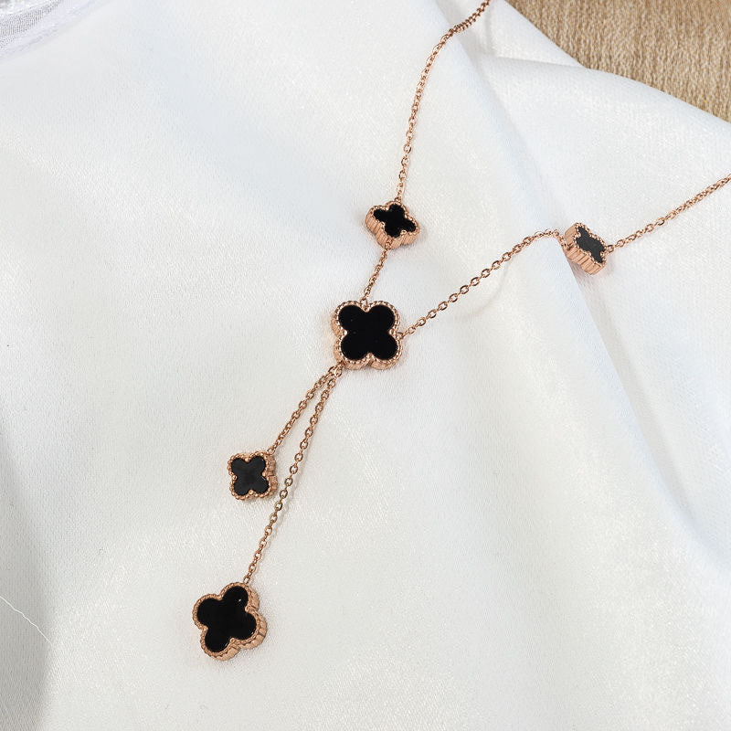 Original Design Four-Leaf Clover Pendant Necklace for Women in Titanium Steel with Plated Finish and Tassel Detail on O-Chain
