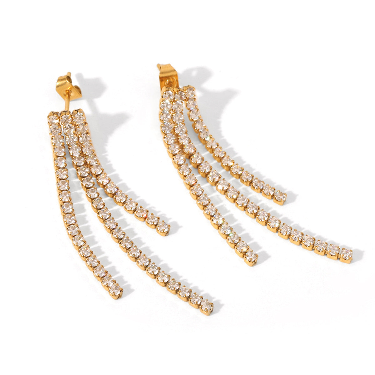 Minimalist Geometric Stainless Steel Stud Earrings with Cubic Zirconia Accents and Fringe Detail for Women