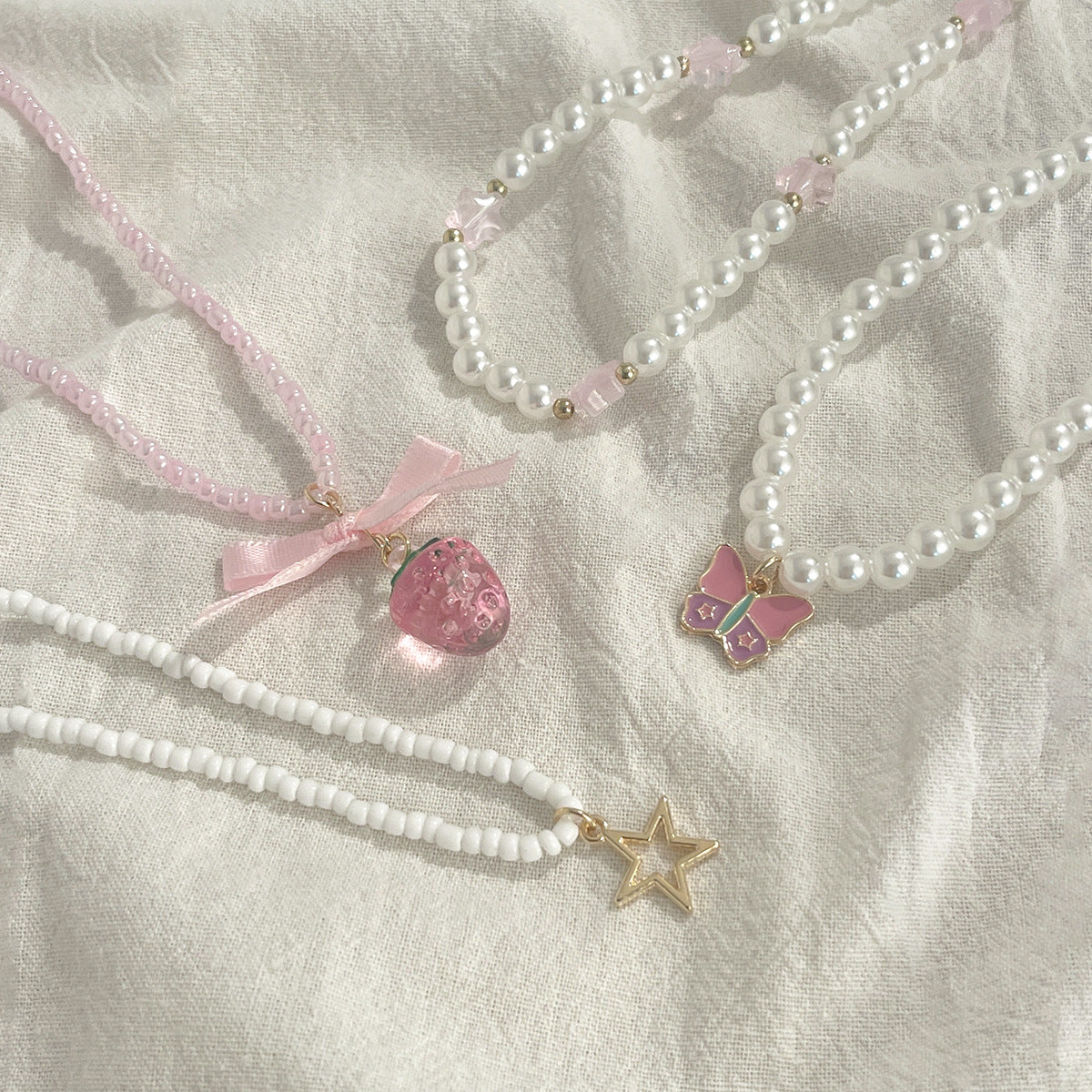 Sweet Strawberry Pendant Multi-Layer Alloy Necklace with Imitation Pearl Beads for Women