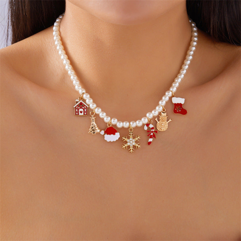 Elegant Snowflake and Christmas Tree Pendant Necklace with Imitation Pearl Accents Plated Finish for Women Holiday Jewelry