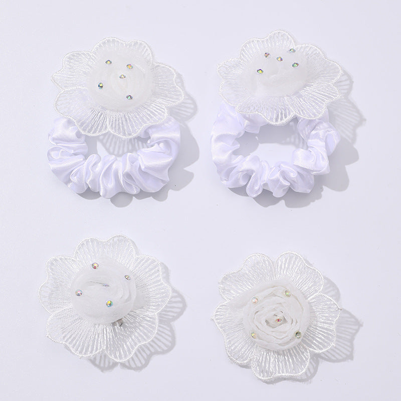 Set di graziosi accessori per capelli floreali per bambini, fermagli e anelli per capelli con fiori in tulle ricamati a mano