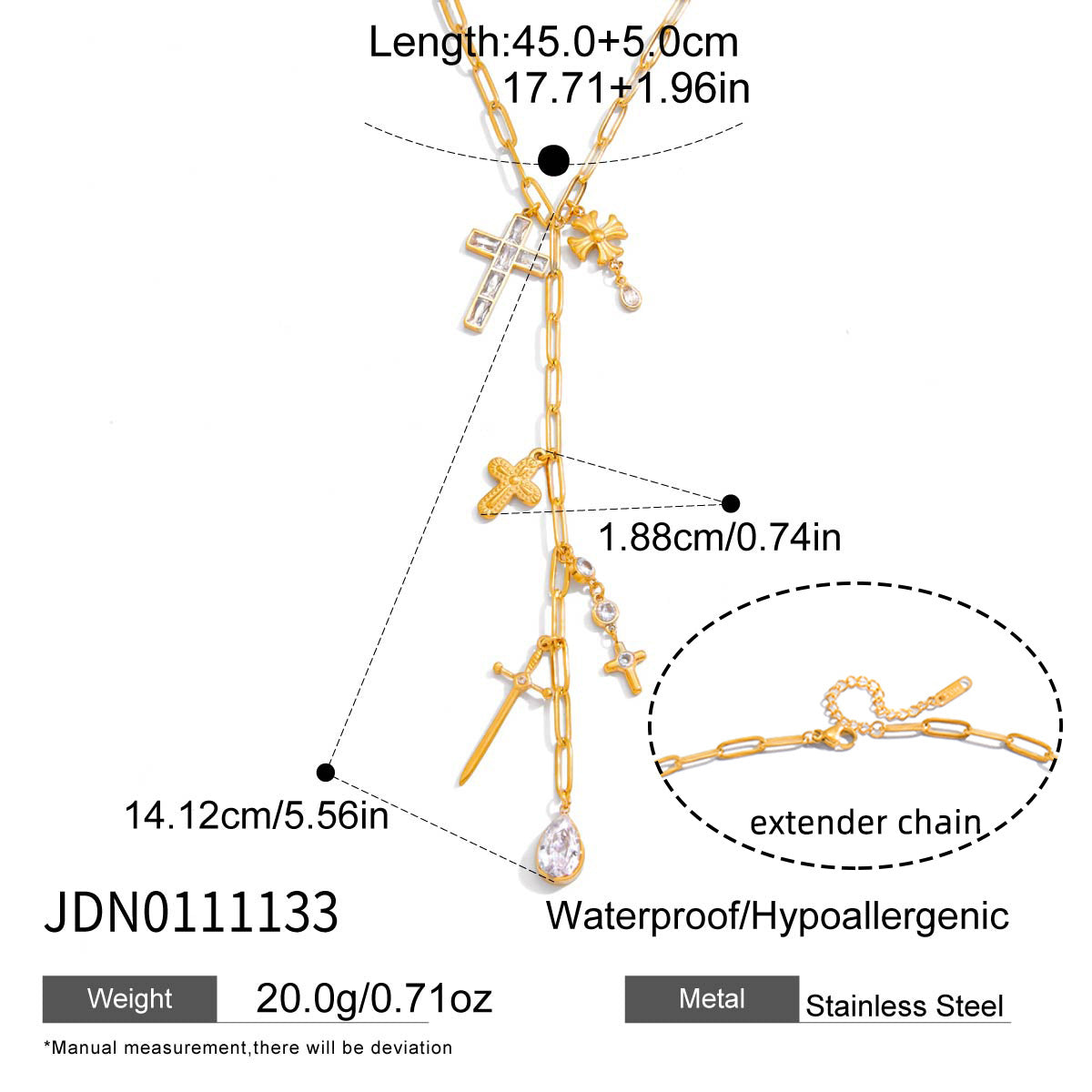 Minimalist Cubic Zirconia Cross Geometric Stainless Steel PVD Y-Chain Necklace for Women