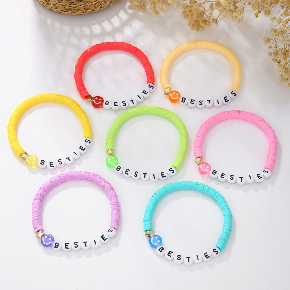 Casual Handmade Polymer Clay and Brass Beaded Bracelet with Letter and Smiley Charms