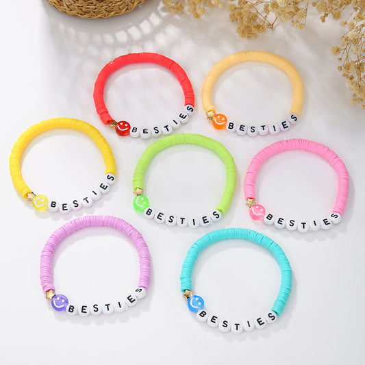 Casual Handmade Polymer Clay and Brass Beaded Bracelet with Letter and Smiley Charms