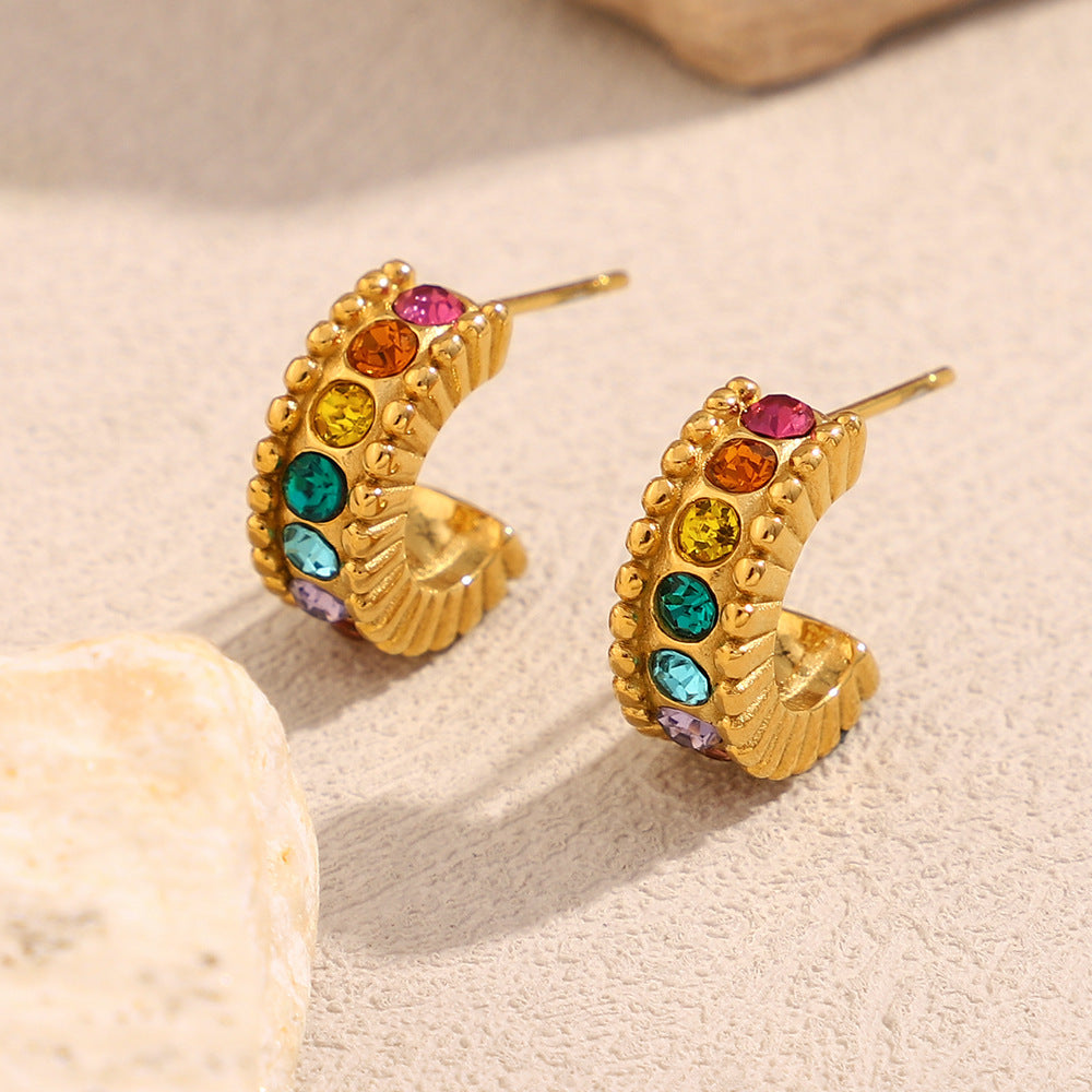 Orecchini a perno geometrici minimalisti a forma di C in zircone per donna in acciaio inossidabile con placcatura in oro 18K
