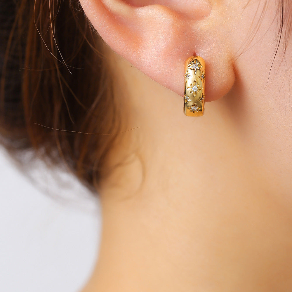 Minimalist Geometric Hexagram Zirconia Stud Earrings in Copper with Gold Plating for Women