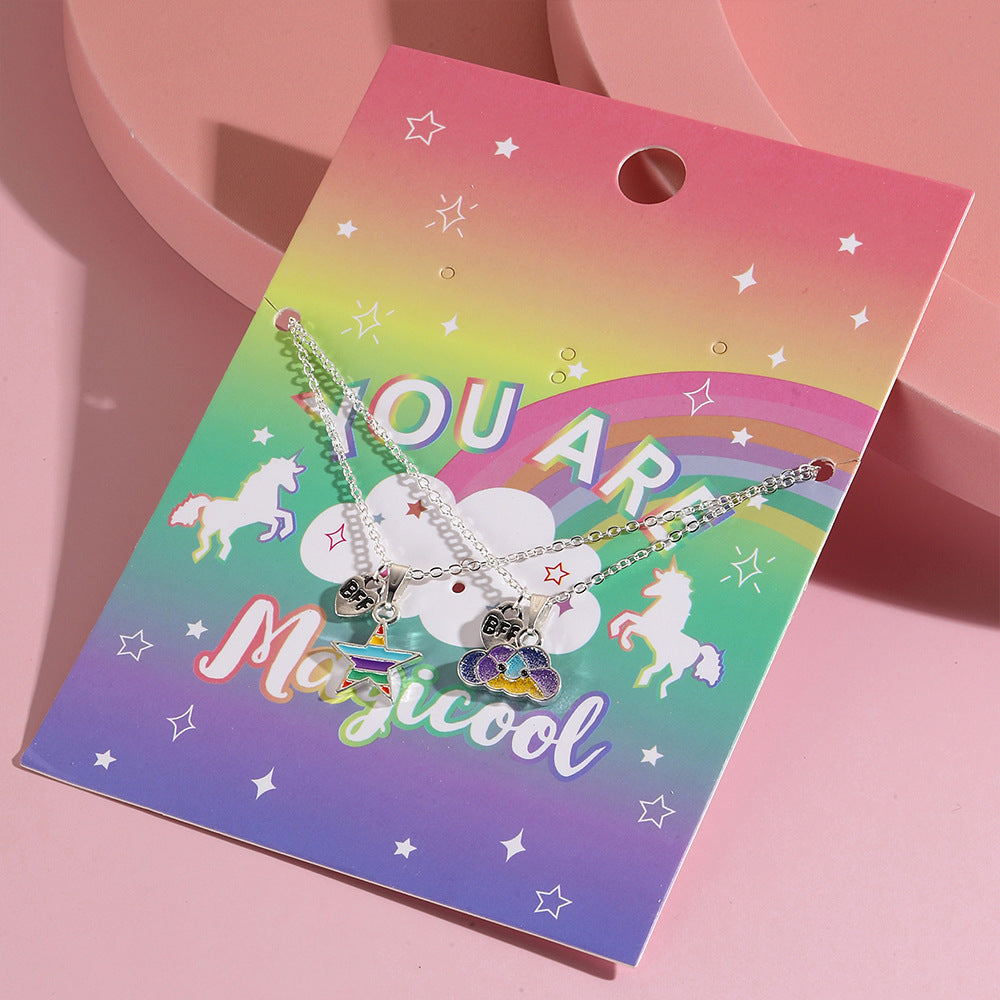 Collar con colgante de aleación con forma de estrella estilo dibujo animado para niñas con acabado esmaltado, cadena cruzada ajustable, colección Princesa