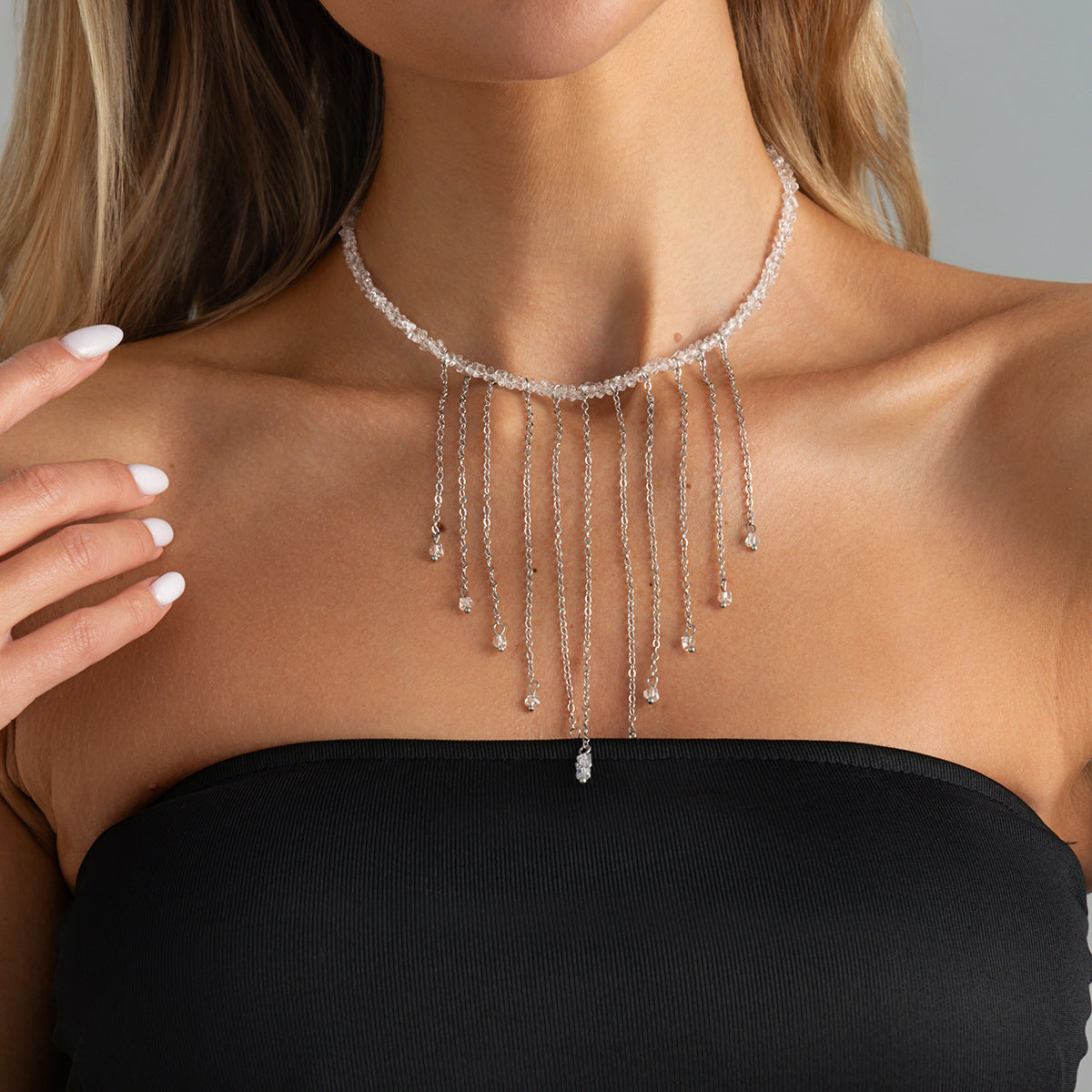 Minimalist Geometric Triangle Crystal Beaded Necklace with Iron Pendant and Tassel for Women Men