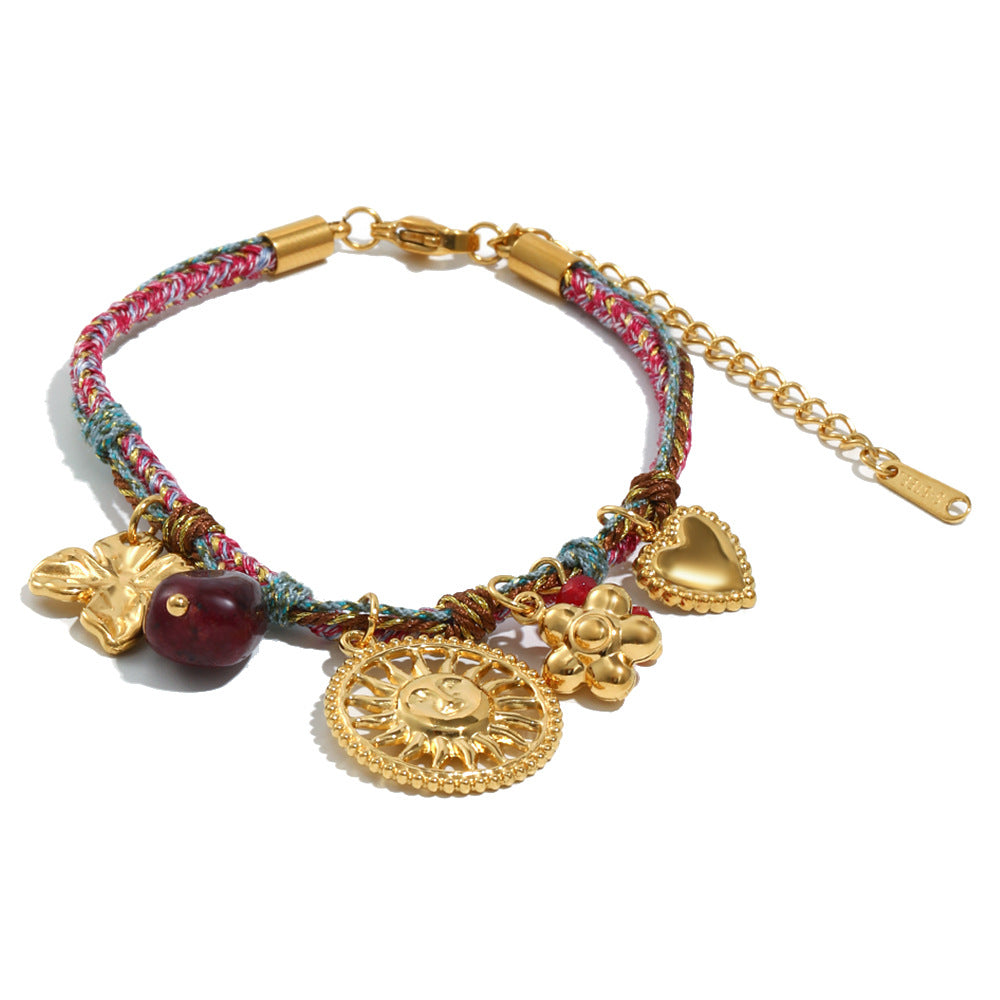 Collana con ciondolo minimalista retrò a forma di sole in acciaio inossidabile con placcatura in oro 18 carati su cordino di cotone