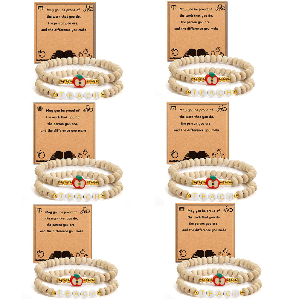 Handmade Wood Bead Apple Charm Bracelet for Women