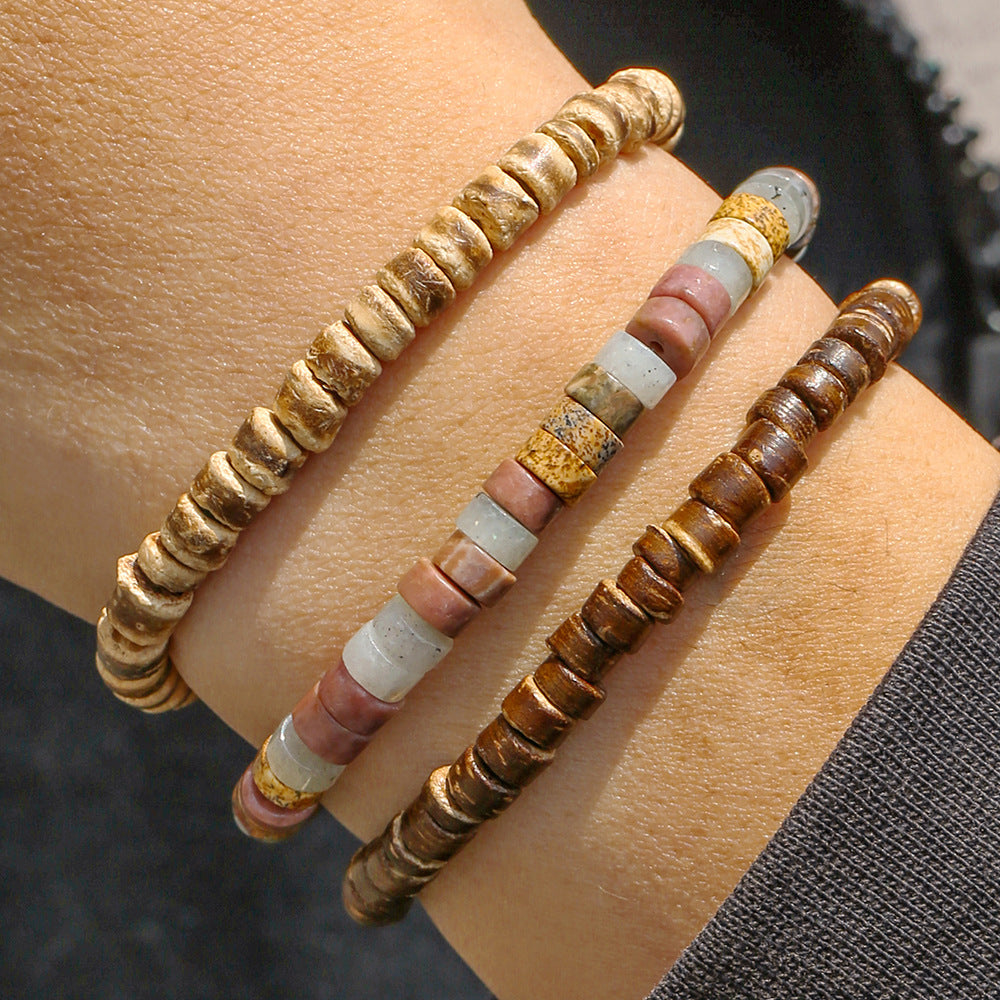Hip-hop Geometric Wood and Natural Stone Beaded Bracelet for Men and Women