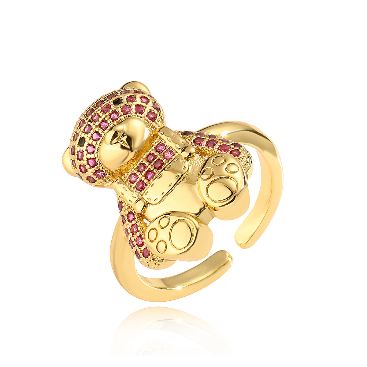 Anillo abierto minimalista en forma de oso para mujer, hecho de cobre con chapado en oro de 18 quilates e incrustaciones de circonita