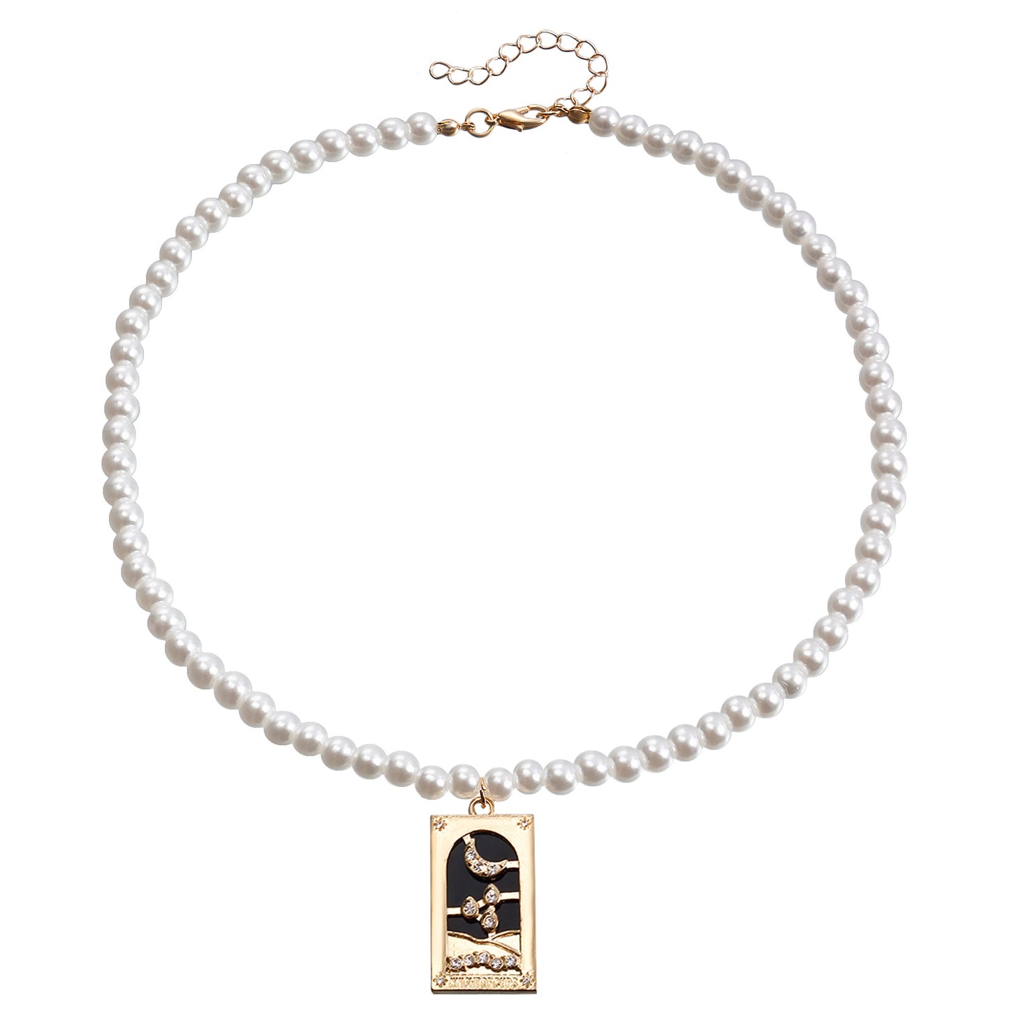 Fashionable Minimalist Rectangular Tarot Pendant Necklace for Women with Alloy Base and Rhinestone Inlay, Gold-Plated Clavicle Chain