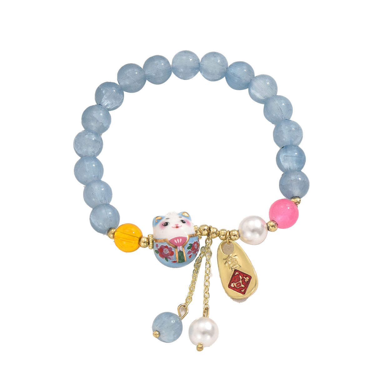 Bracciale da donna minimalista con gatto in stile cinese, perline di cristallo e design artigianale