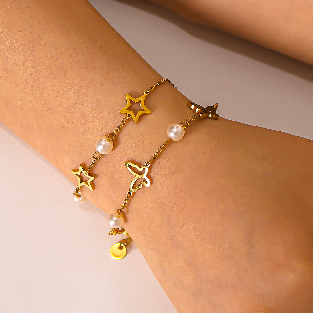 Bracciale da donna bohémien a farfalla stella geometrica in acciaio inossidabile con placcatura sottovuoto 18 carati