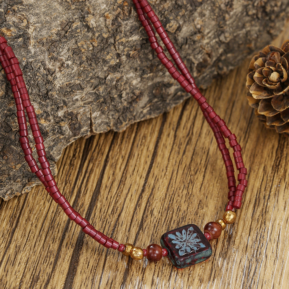 Vintage Geometric Square Wood Beaded Necklace Double Layer Brown Cable Chain Unisex