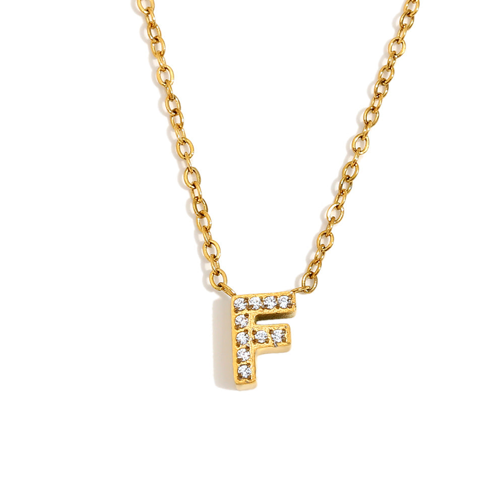 Minimalist Fashion Letter Pendant Necklace for Women Stainless Steel with 18K Gold Plating and Rhinestone Inlay