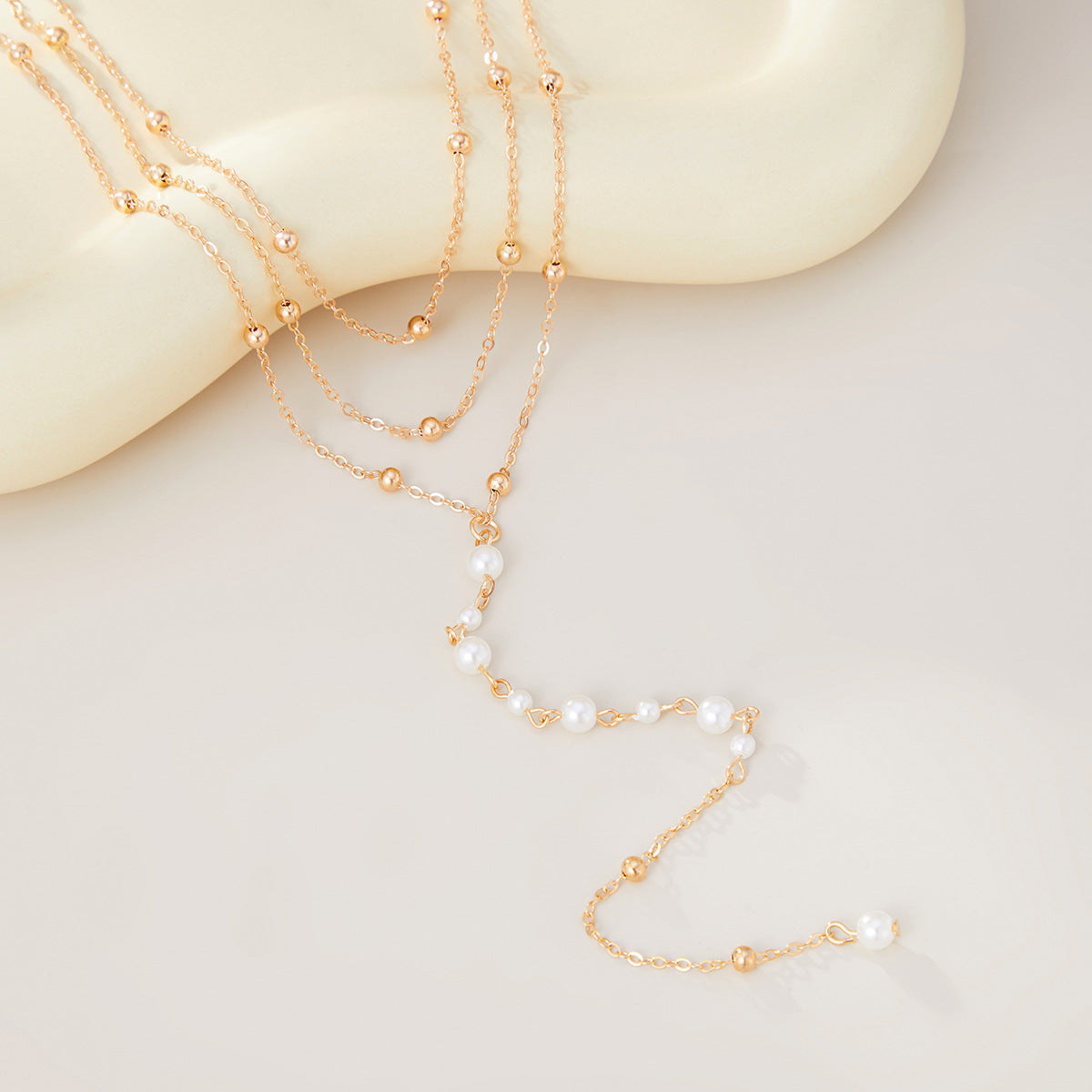 Minimalist Elegant Geometric Brass Plated Pearl Tassel Y-Necklace for Women