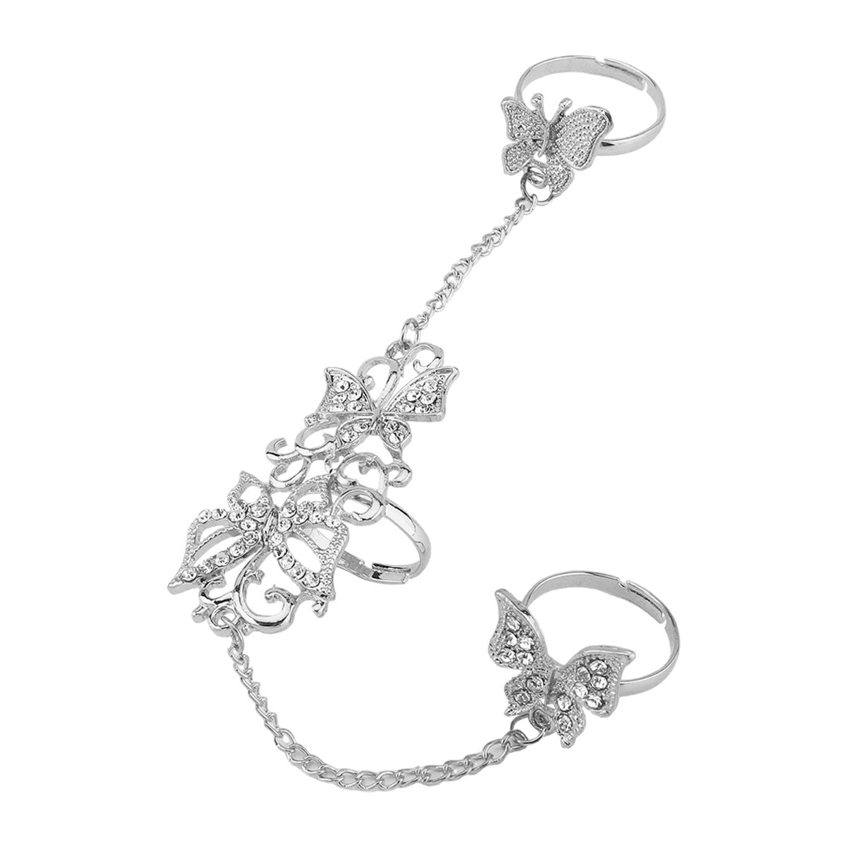 Anello personalizzato in lega a forma di farfalla traforata con strass e fascia aperta regolabile da donna
