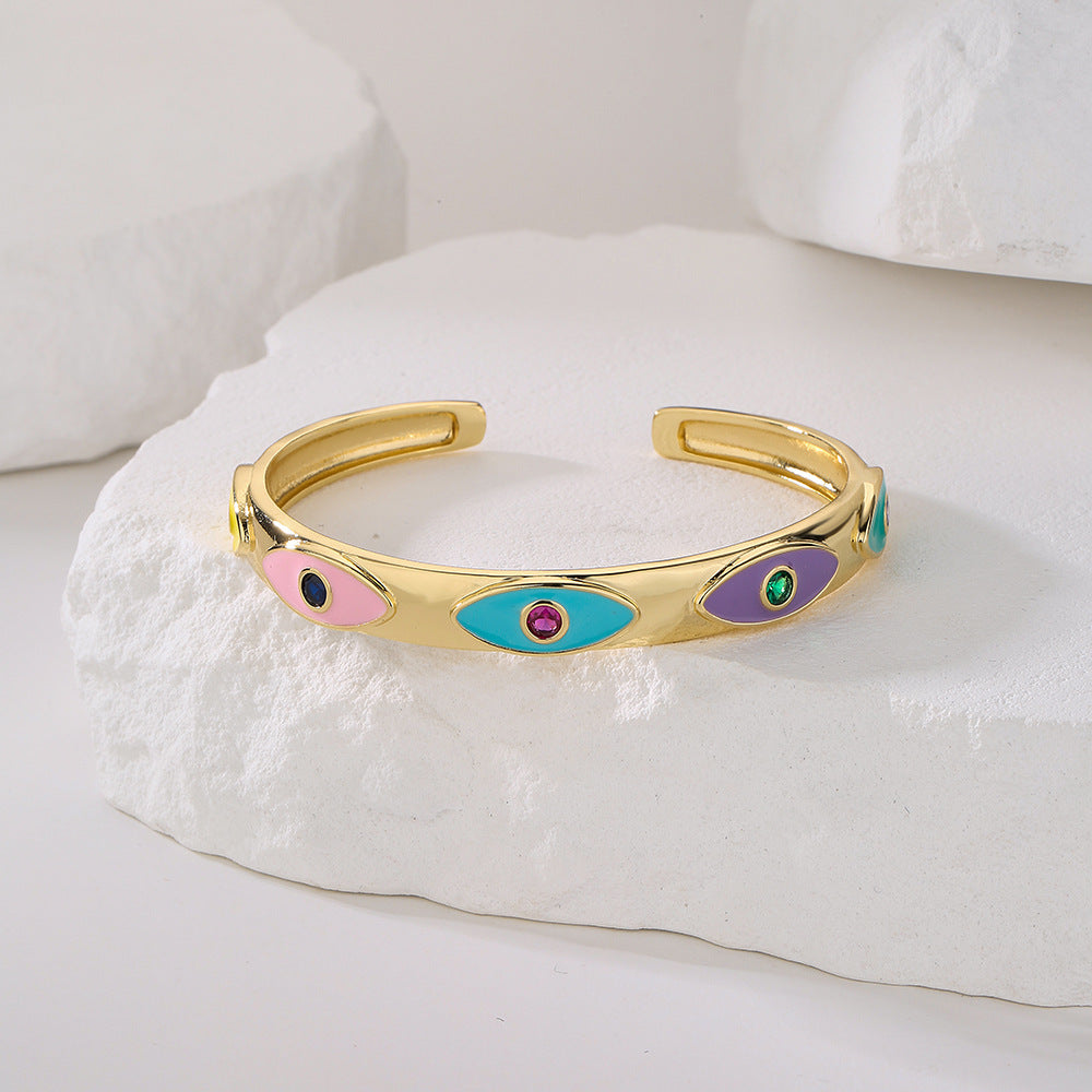 Bohemian Style Enamel Zircon Eye Bracelet for Women Copper Gold-Plated Open Bangle with Geometric Pattern
