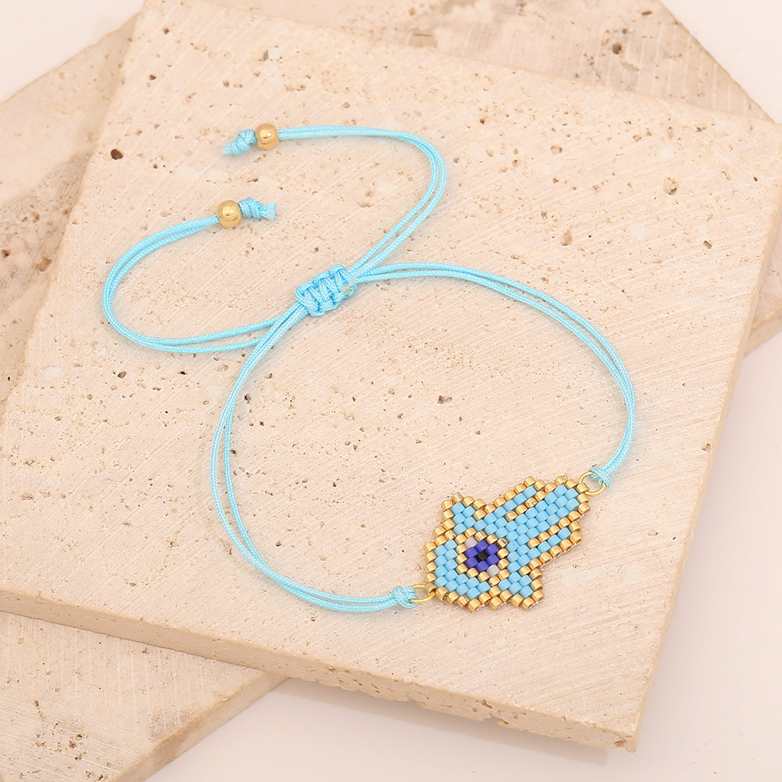 Handmade Woven Glass Beaded Palm Bracelet with Evil Eye Charm for Women