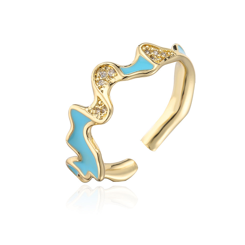 INS Style Irregular Geometric Open Ring for Women Made of Copper with 18K Gold Plating and Enamel-Set Zirconia