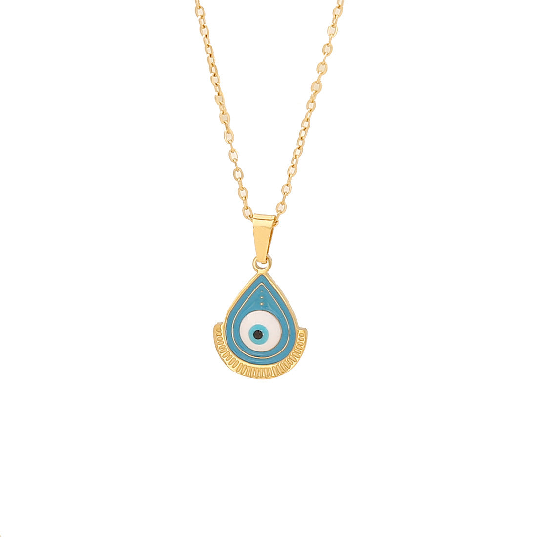 Minimalist Blue Enamel Eye Pendant Necklace with Hand Charm in Stainless Steel