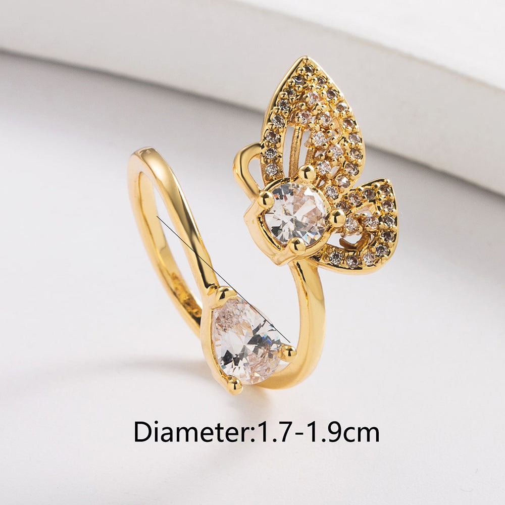 Elegant Butterfly-Shaped Geometric Open Ring for Women in Brass with Real Gold Plating, Micro-Pave Setting, Irregular Design