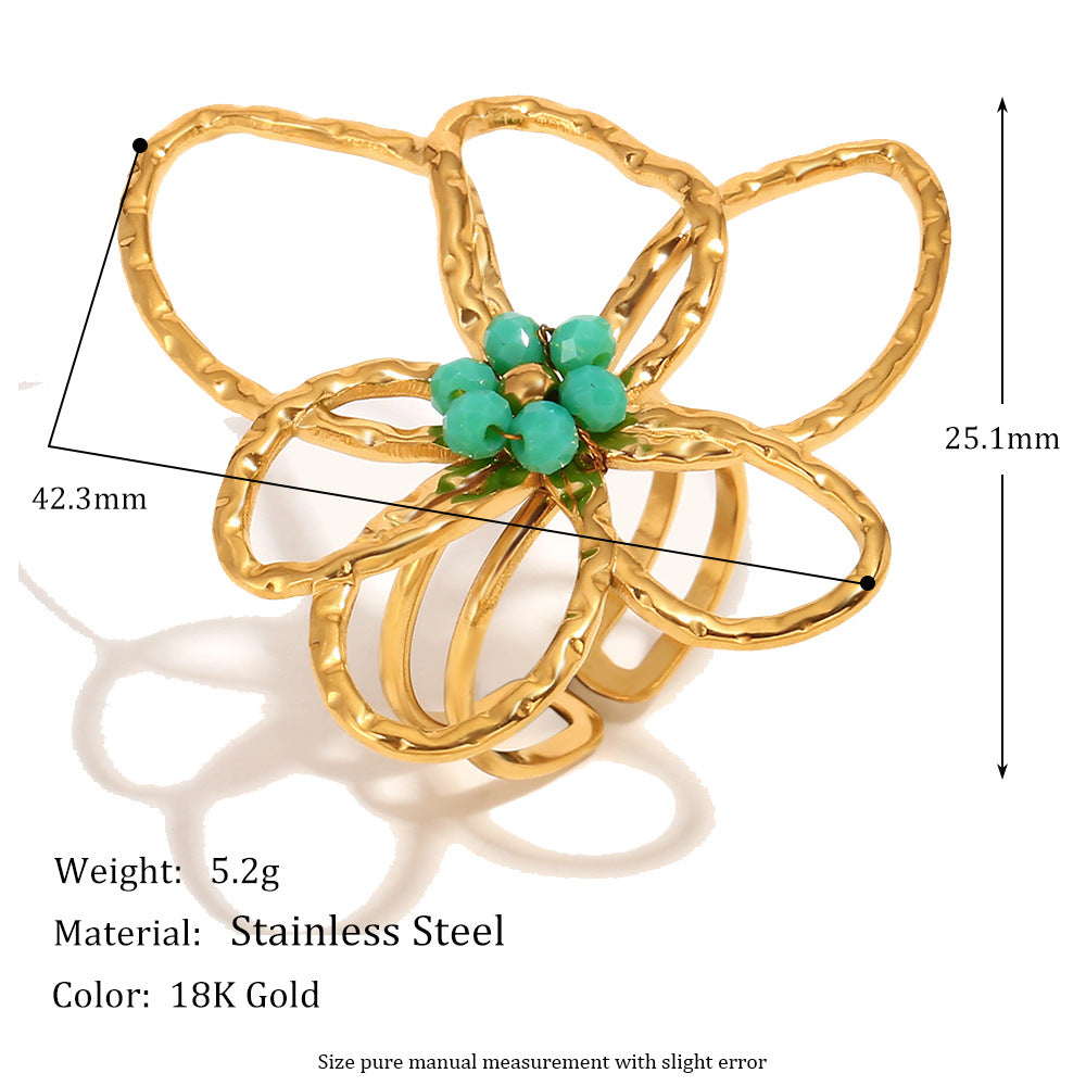 Fashionable Floral Ring for Women in Stainless Steel with 18K Gold Plating and Colorful Beads