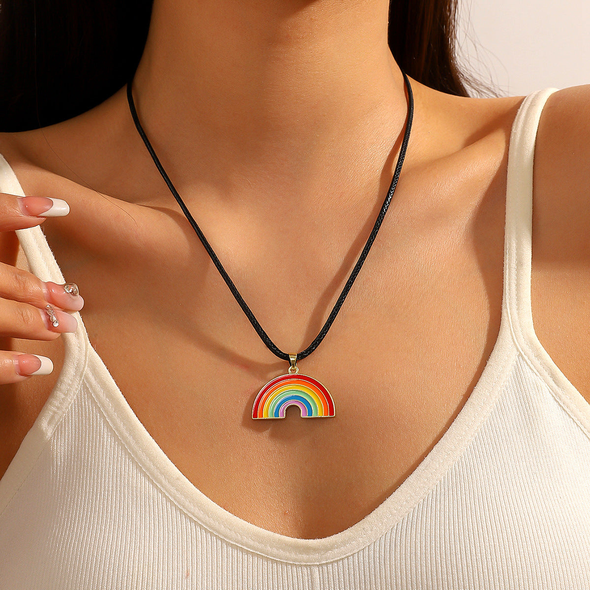 Minimalist Geometric Crystal Rainbow Pendant Necklace Zinc Alloy Unisex Multi-layer Clavicle Chain
