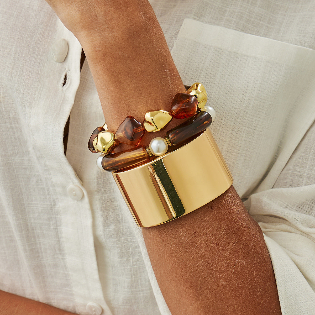 Vintage Geometric Round Resin Plated Wide Spring Cuff Bracelet