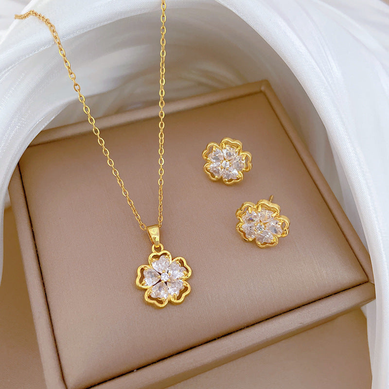 Minimalist Floral Hollow-Out Necklace and Earrings Set in Titanium Steel with Plated Finish for Women