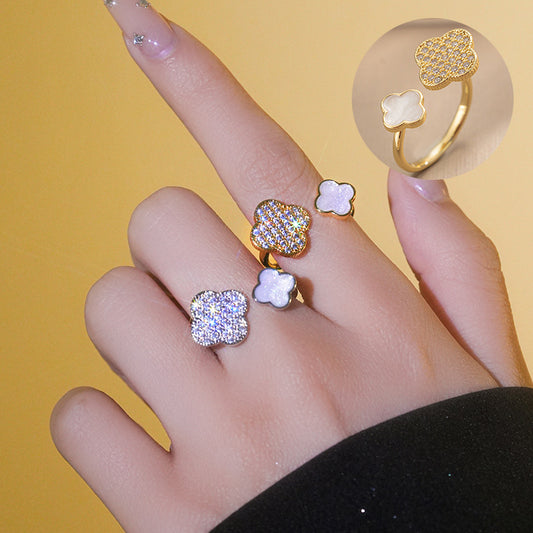 Anello Aperto Regolabile da Donna con Zirconi a Forma di Cuore Placcato Oro 18K di Lusso