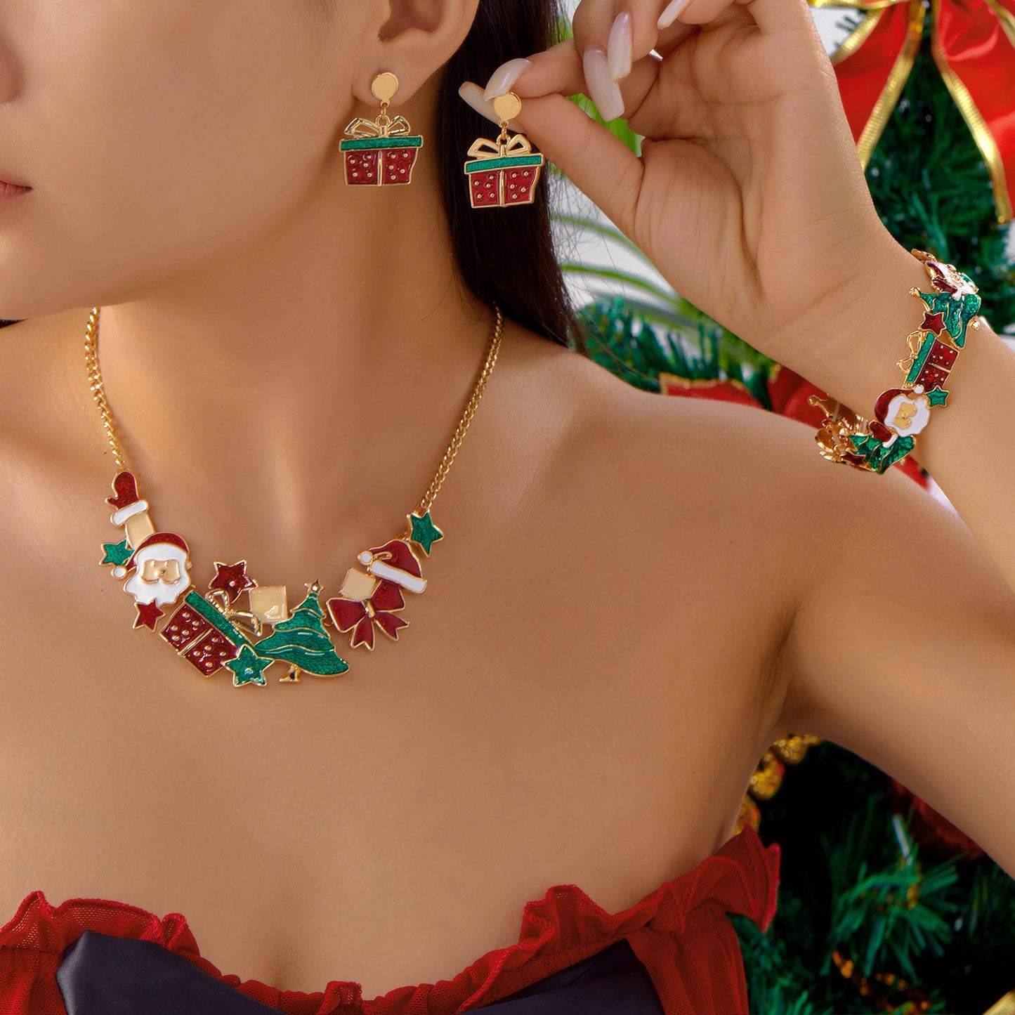 Casual Drip Oil Plated Alloy Christmas Santa Tree Gift Box Necklace Earring Bracelet Set for Women