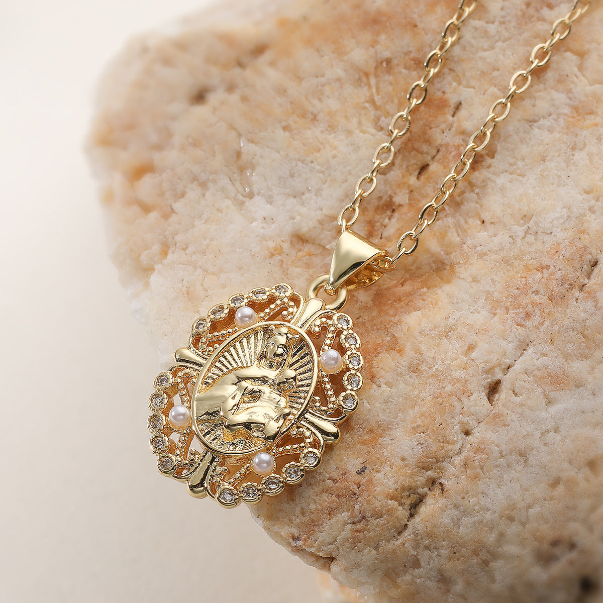 Minimalist Geometric 18K Gold Plated Brass Pendant with Cubic Zirconia and Pearl