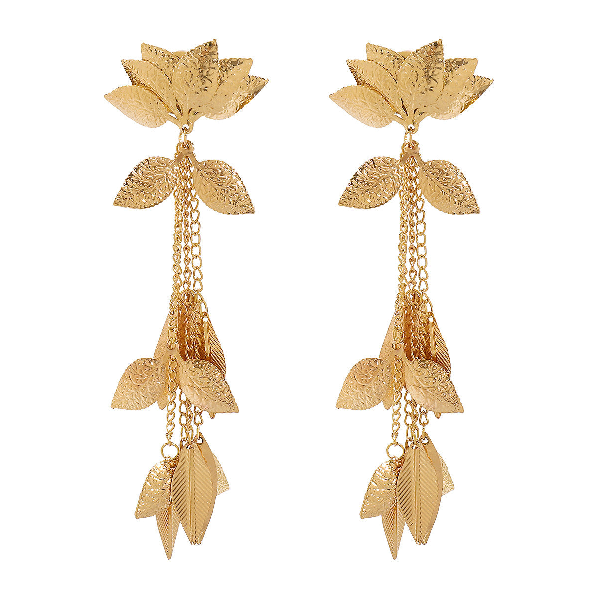 Oversized Lotus Tassel Earrings for Women with Plated Iron Floral Design and Bohemian-Inspired Statement Style