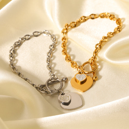 Bracciale da donna in acciaio inossidabile a forma di cuore stile Ins, con finitura placcata